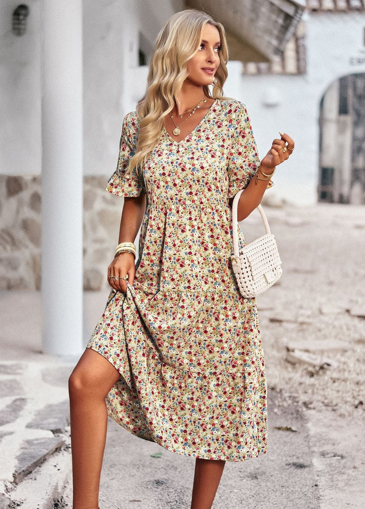 Damen Midi-Kleid mit Floralem Muster und Verspieltem V-Ausschnitt Drune