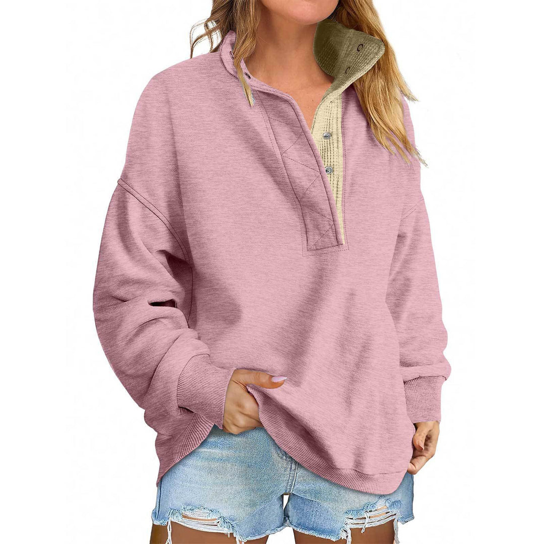 Damen Oversize-Henley-Sweatshirt mit Stehkragen und Druckknopfleiste Drune