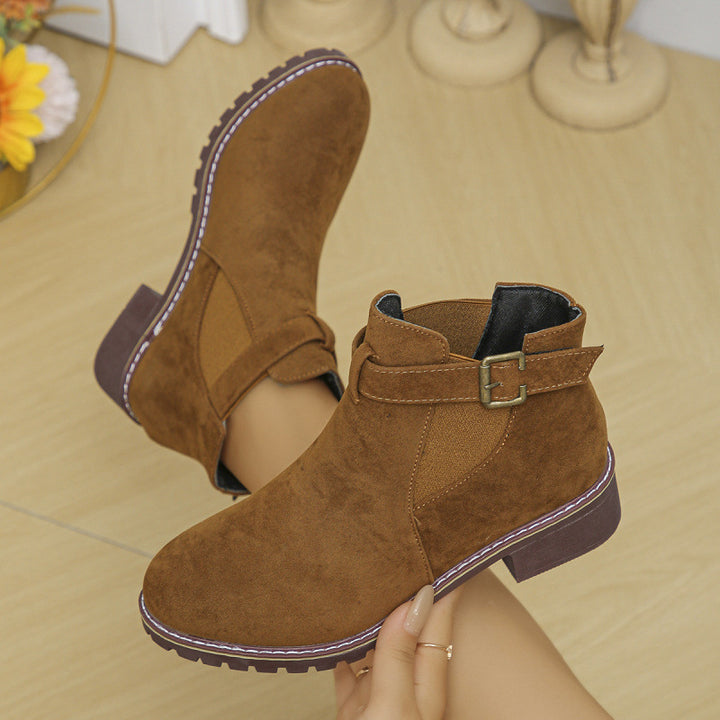 Damen kurze Ankle-Boots im Vintage-Velours-Look mit Schnallenriemen und profilierter Gummisohle Drune