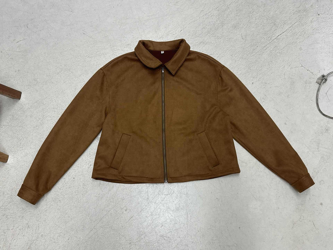 Damen Kurzgeschnittene Wildlederoptik Blousonjacke mit Hemdkragen und Reißverschluss Drune
