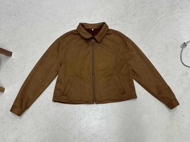 Damen Kurzgeschnittene Wildlederoptik Blousonjacke mit Hemdkragen und Reißverschluss Drune