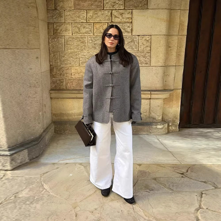 Damen Boxy Wollmix-Kurzjacke mit Knebelverschlüssen und Stehkragen Drune