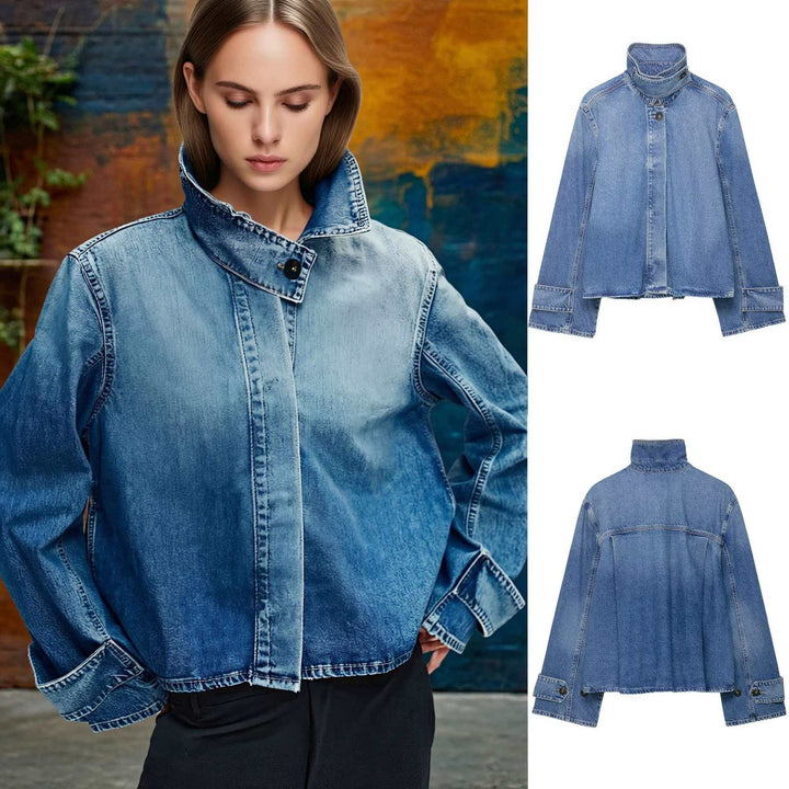 Damen nan cropped Boxy-Denimjacke mit hohem Wickel- bzw. Stehkragen und verdeckter Knopfleiste Drune