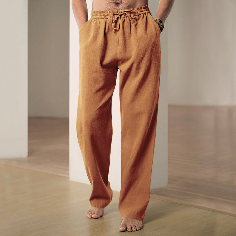 Herren nan komfortable Leinen-Baumwollmix Relaxhose mit geradem Bein, elastischem Bund und verdeckten Eingrifftaschen Drune