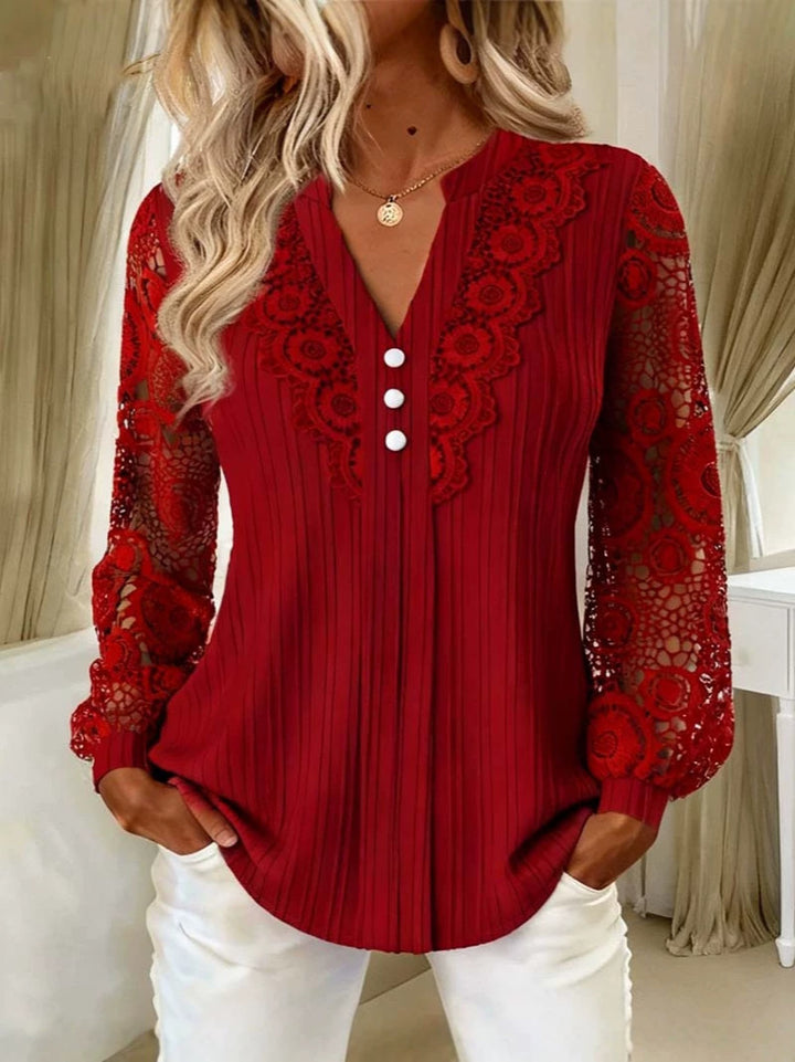 Damen Elegante Plissée-Bluse mit Spitzenärmeln und V-Ausschnitt Drune
