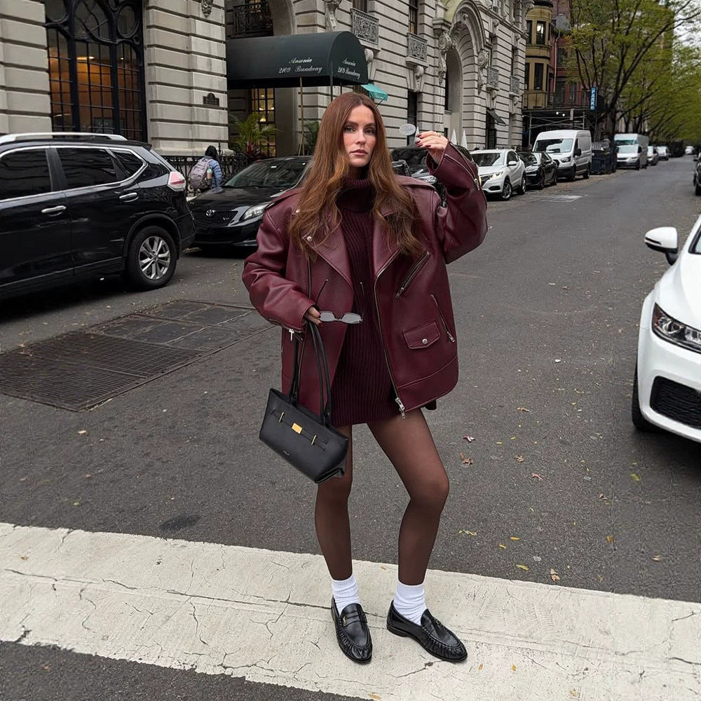 Damen Oversize Bikerjacke aus Struktur-Kunstleder mit asymmetrischem Reißverschluss Drune