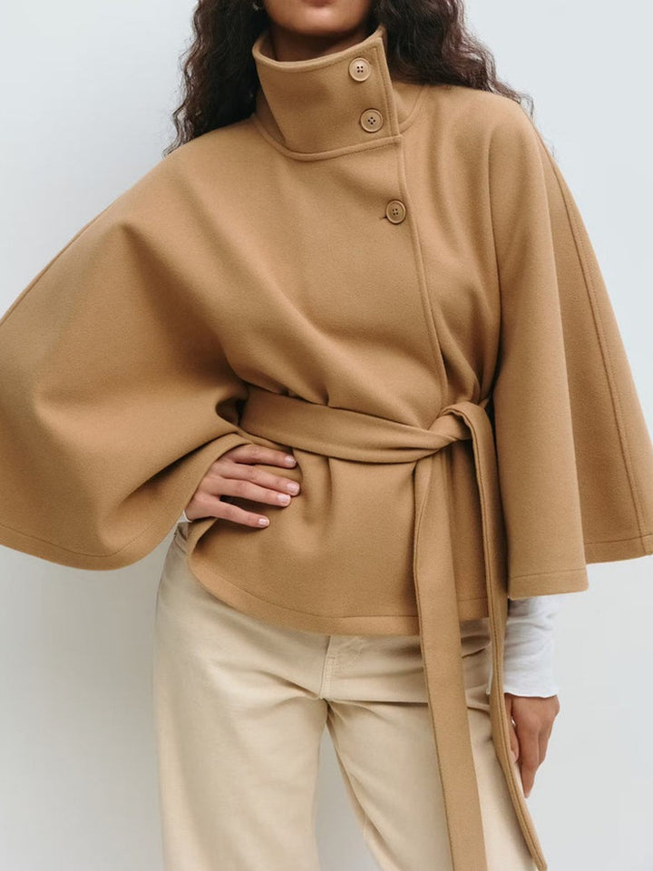 Damen elegante Umhangjacke mit hochgeschlossenem Stehkragen und schickem Gürtel Drune