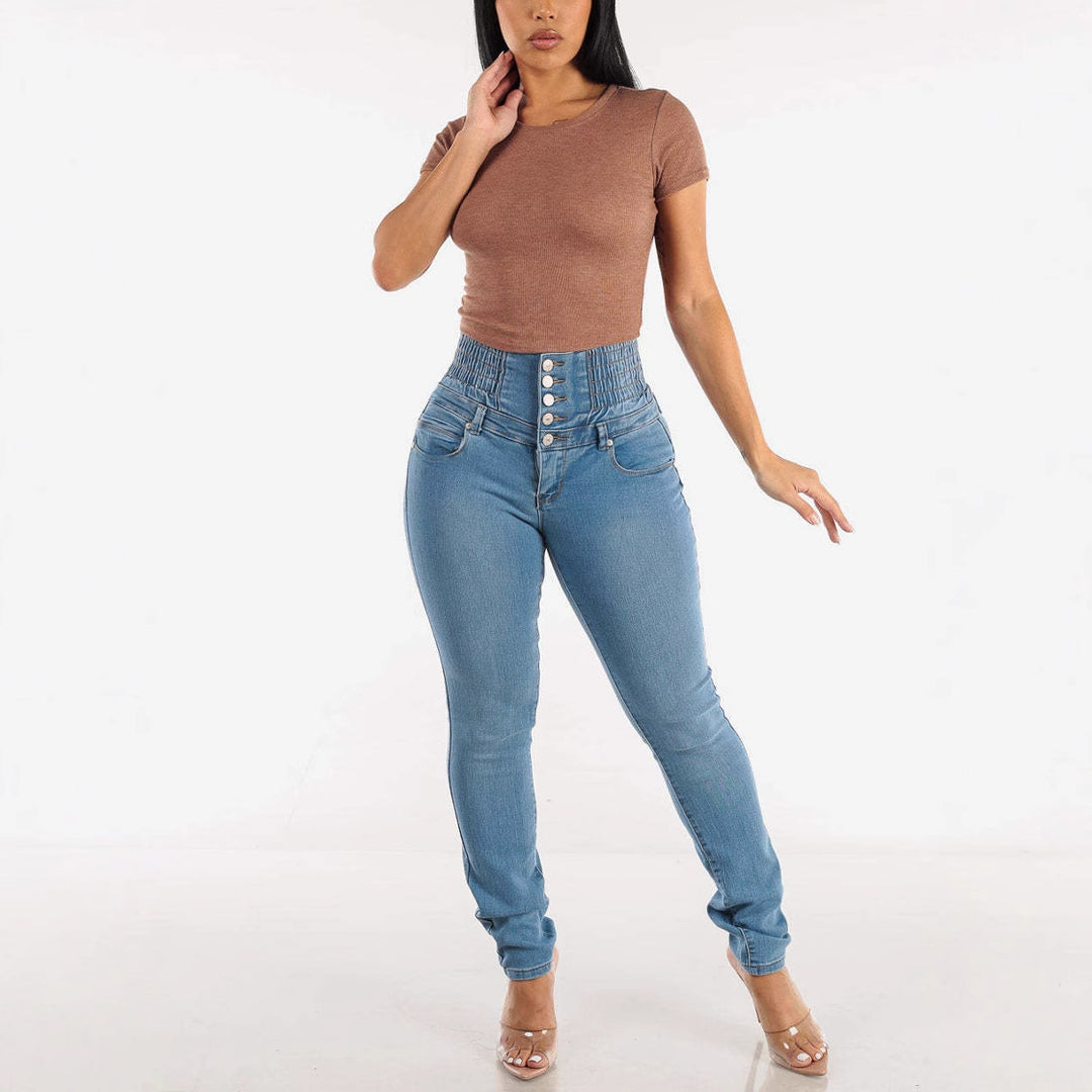 Damen High-Waist Jeans mit schmeichelndem Stretch und Knopfdetails Drune