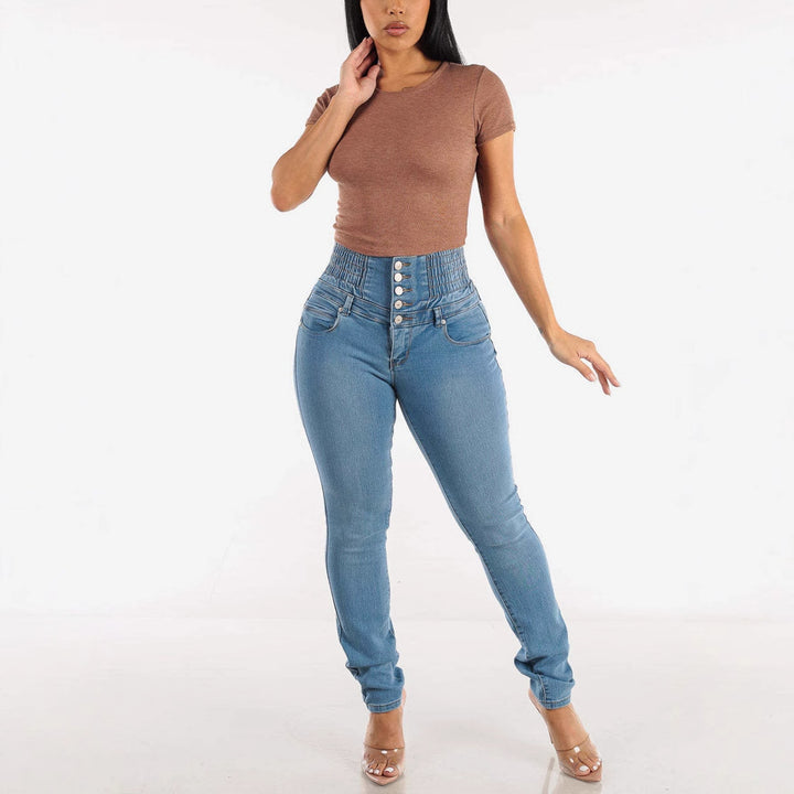 Damen High-Waist Jeans mit schmeichelndem Stretch und Knopfdetails Drune
