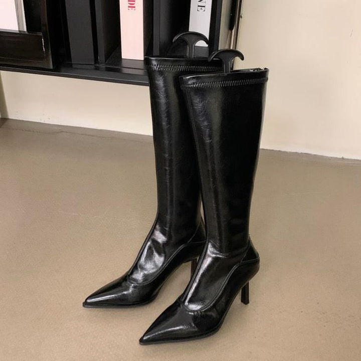 Damen elegante Overknee-Stiefel aus hochwertigem Leder mit spitzem Absatz Drune