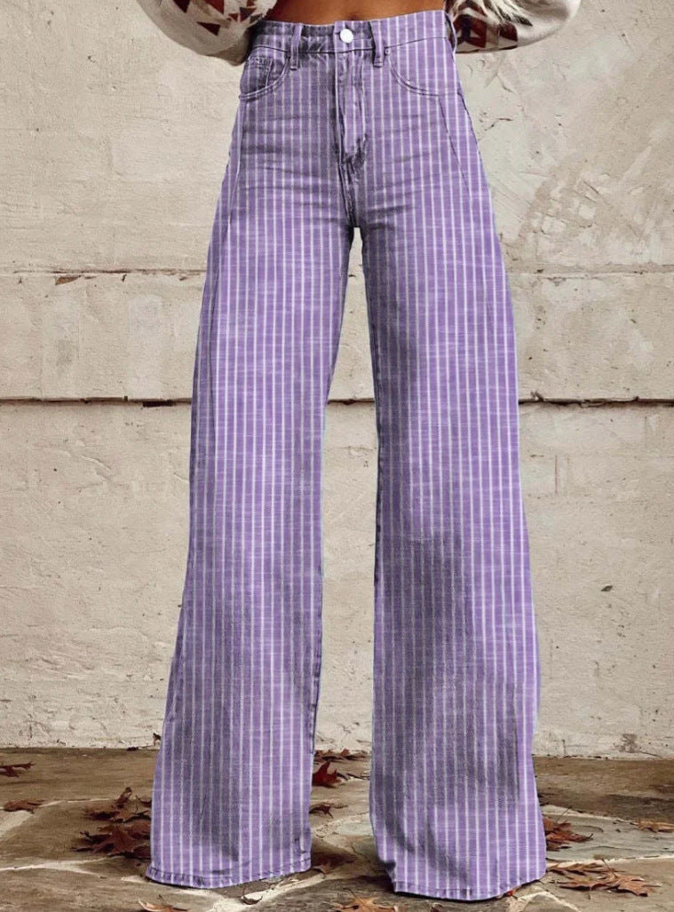 Damen nan weite Hose mit hohem Bund in Leinenoptik und vertikalen Nadelstreifen Schlaghose Drune