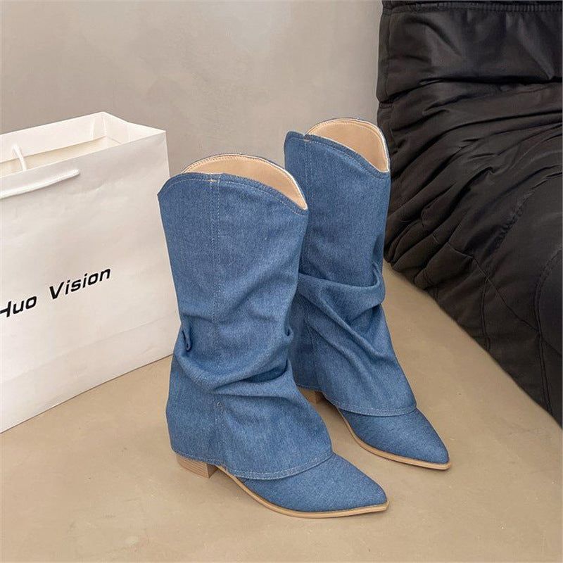 Damen Slouchy Cowboy‑Stiefel aus Denim mit spitzer Zehenform und niedrigem Blockabsatz Drune
