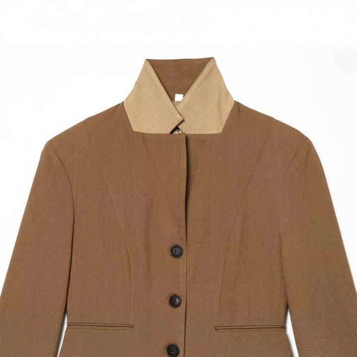Damen Taillierter Blazer mit Stehkragen figurformenden Abnähern und Pattentaschen Drune