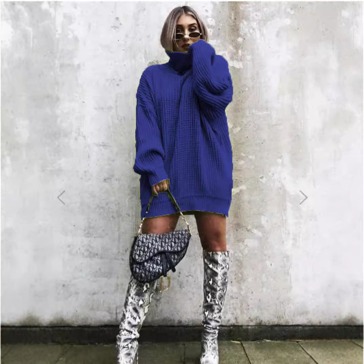 Damen Oversized Strickpullover mit hohem Kragen und Waffelmuster Drune