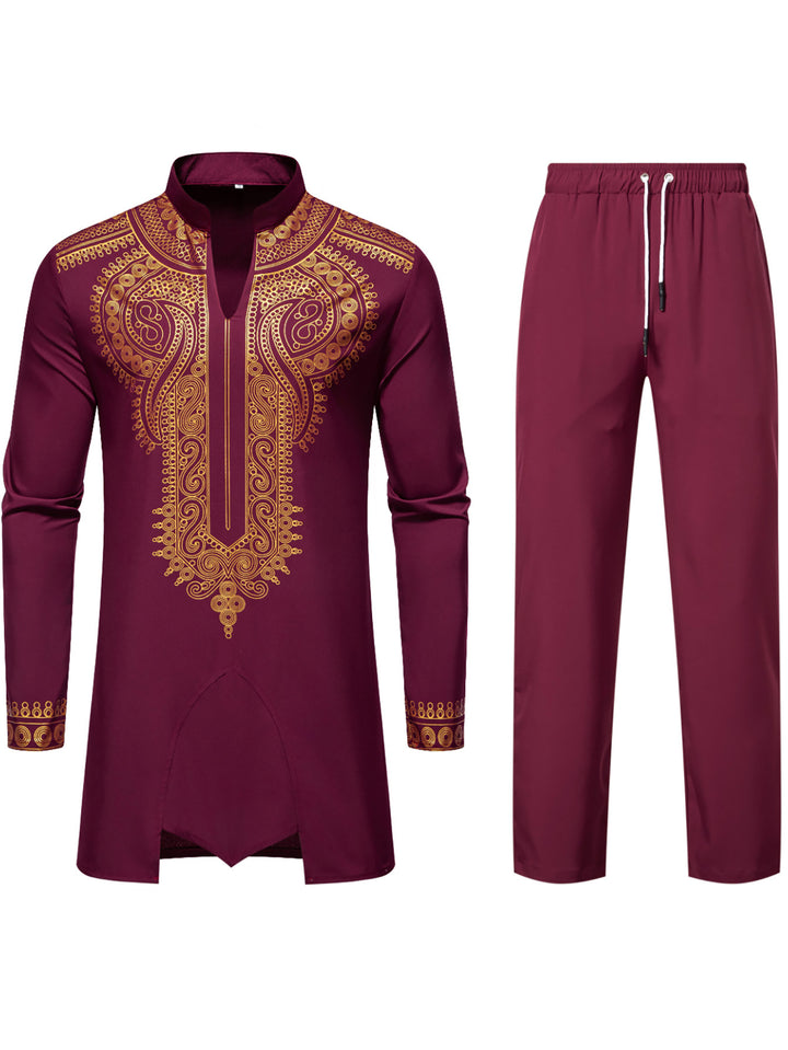 Herren Traditionelles besticktes Tunika‑Set mit Mandarinkragen und elastischer Hose Drune