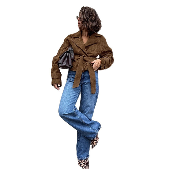 Damen Kurzblouson aus Wildleder‑Look mit Bindegürtel und kastiger Silhouette Drune