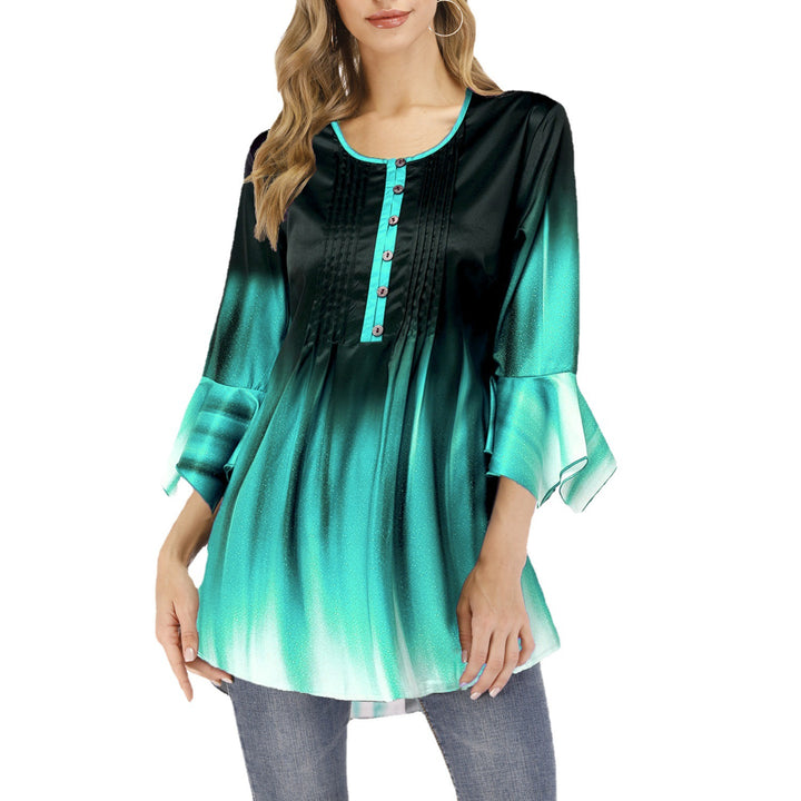 Damen Tunika-Bluse mit Kellerfalten, Schlitzknopfleiste und Glockenärmeln Drune