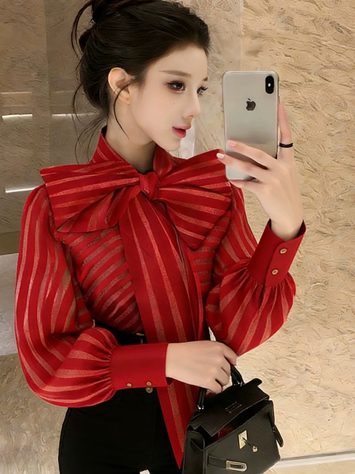 Damen Elegante Bluse mit voluminösem Schleifenkragen und trendigem Streifenmuster Drune