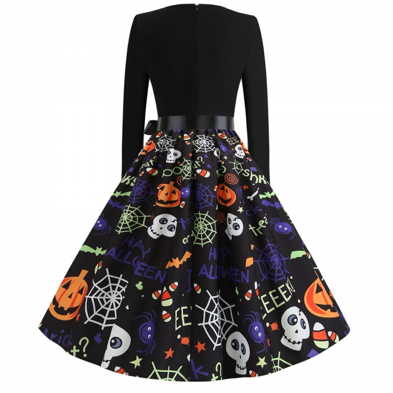 Damen Swingkleid mit Halloween-Print, taillierter Satin-Schärpe und langem Ärmel Drune