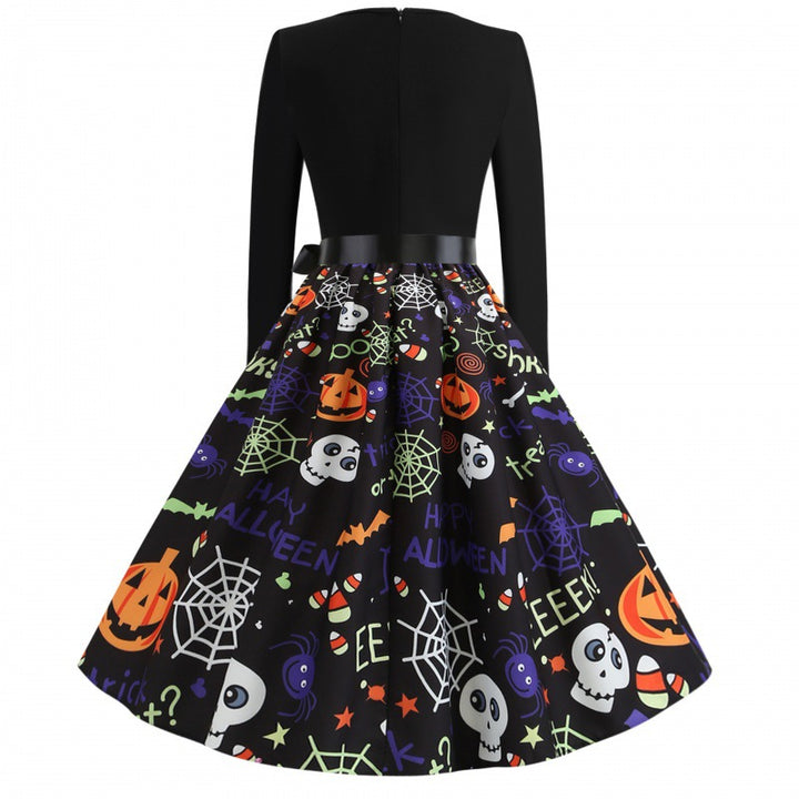 Damen Swingkleid mit Halloween-Print, taillierter Satin-Schärpe und langem Ärmel Drune
