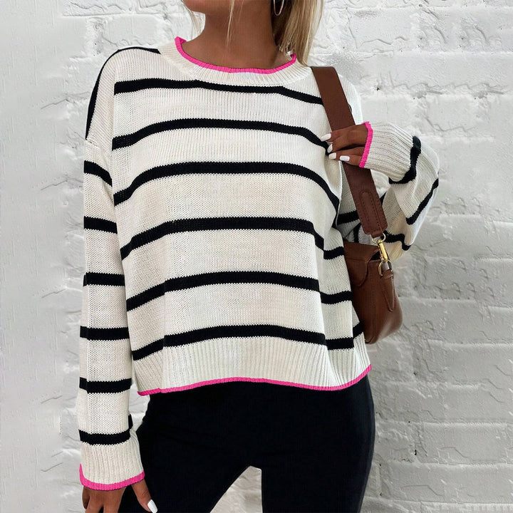 Damen lässiger gestrickter Pullover mit modischem Streifenmuster und kontrastierenden Abschlüssen Drune