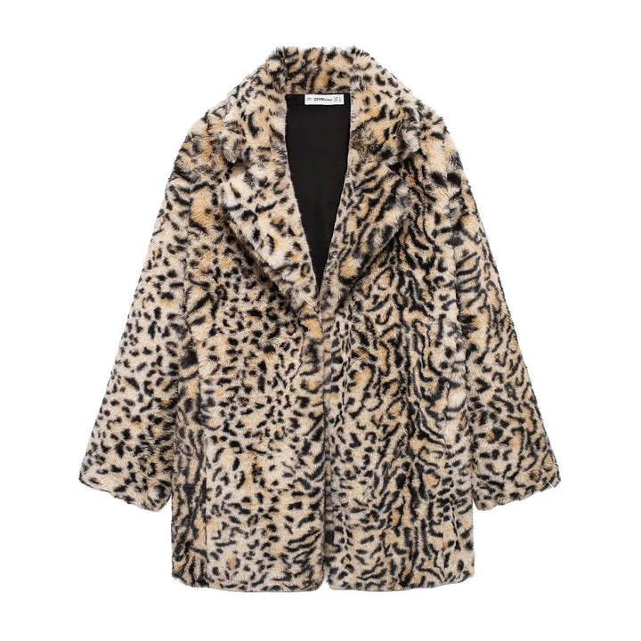 Damen nan oversized Kunstfellmantel mit Leopardenmuster, voluminösem Schalkragen und praktischen Eingrifftaschen Drune