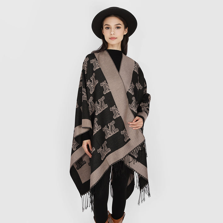 Damen Jacquard-Cape mit Monogramm‑Muster, offenem V‑Ausschnitt und Fransensaum Drune