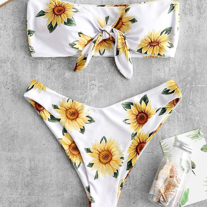 Damen Bandeau-Bikini mit floralem Design und praktischen Knoten Drune