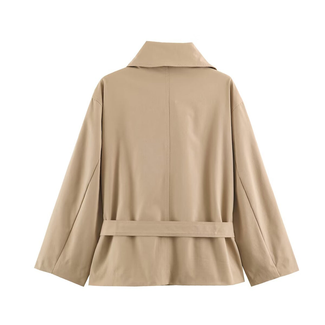 Damen Kurze taillierte Trenchjacke mit Bindegürtel und weitem Reverskragen Drune