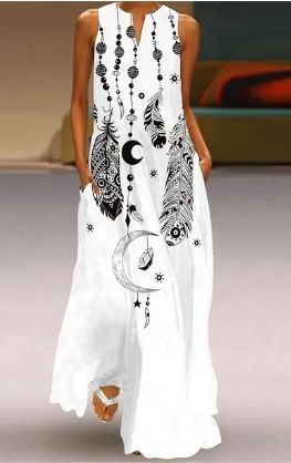 Damen Maxikleid mit bunten Federdruck Drune