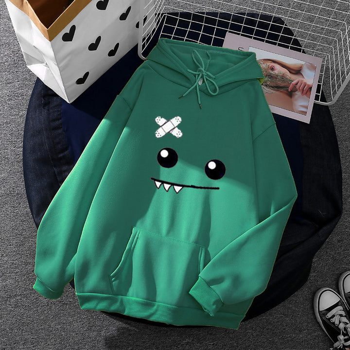 Damen nan Kapuzenpullover mit verspieltem Monstergesicht, Bandagen-Applikation und Kängurutasche Drune