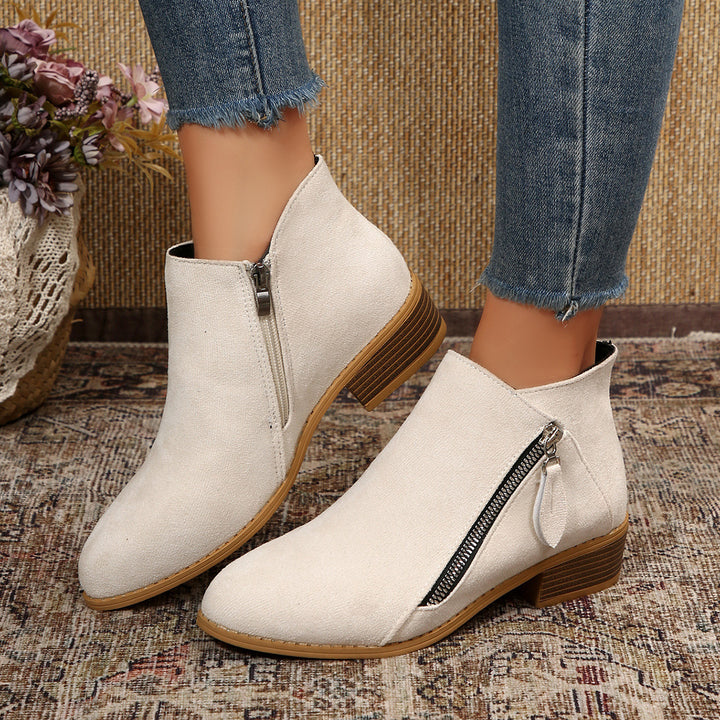 Damen Moderne Kurzschaft-Stiefelette mit sichtbarem Metallreißverschluss und niedriger Holzoptik-Blocksohle Drune