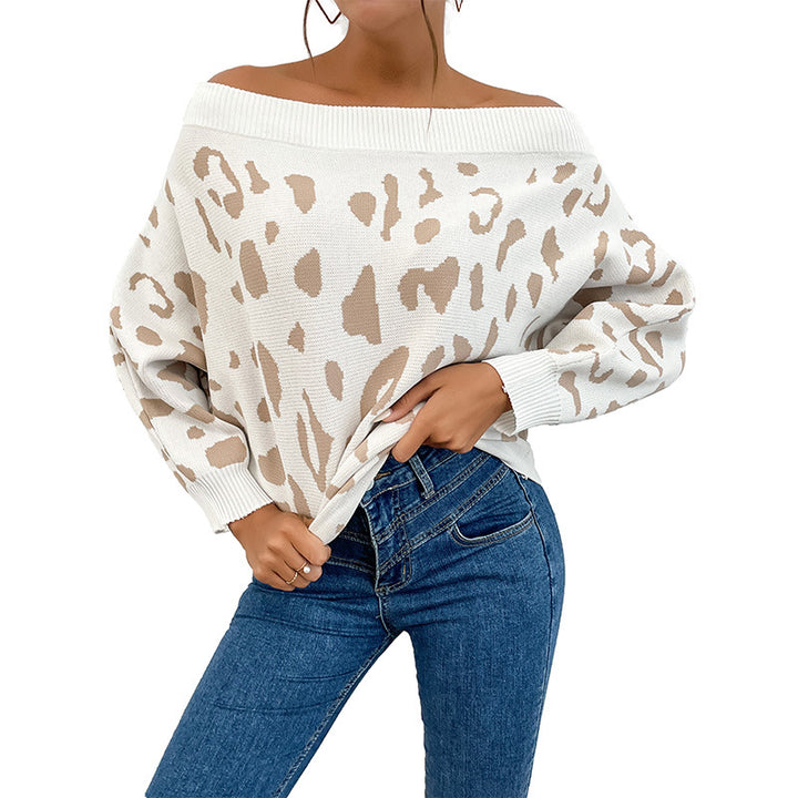 Damen Carmenpullover im Leoparden-Jacquard Oversize mit weitem Ausschnitt Drune