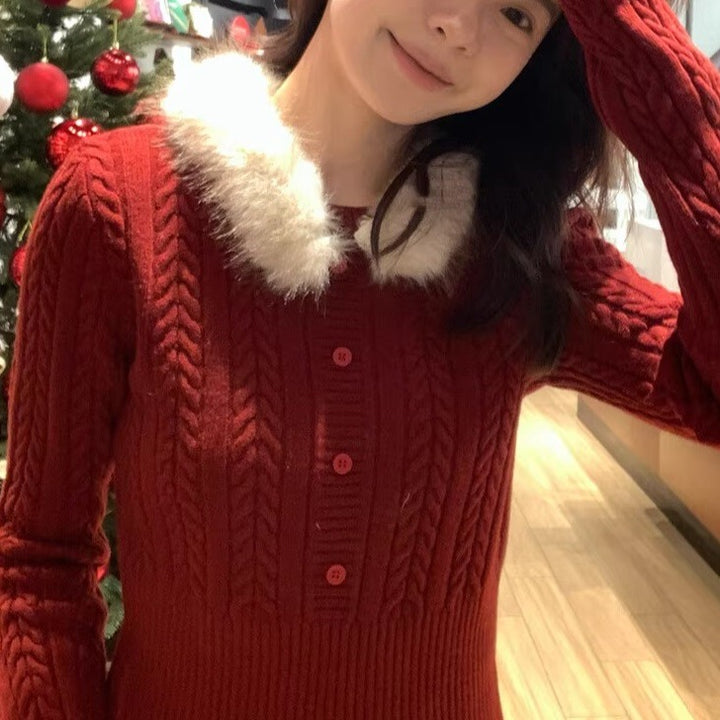 Damen Eleganter Strickpullover mit Kunstfellkragen Drune