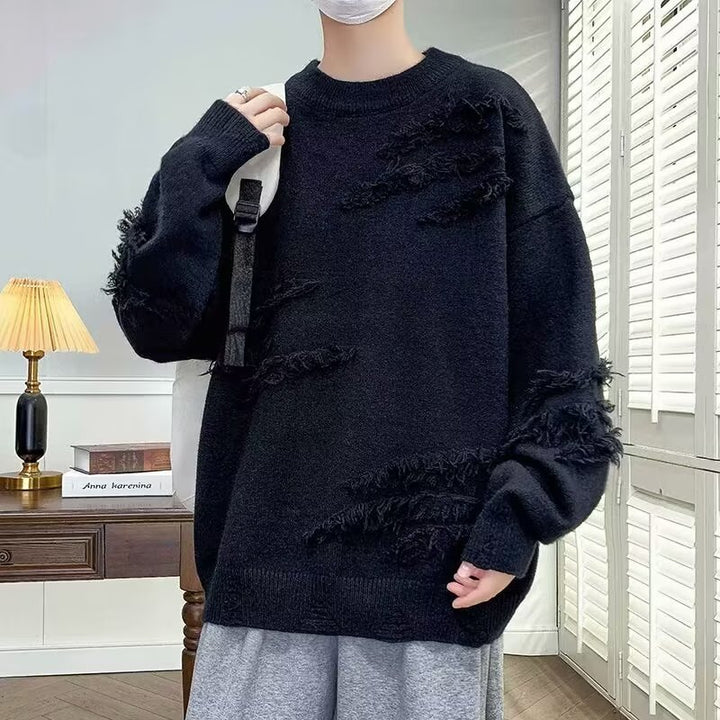 Damen Modischer Grobstrickpullover mit Fransen Drune