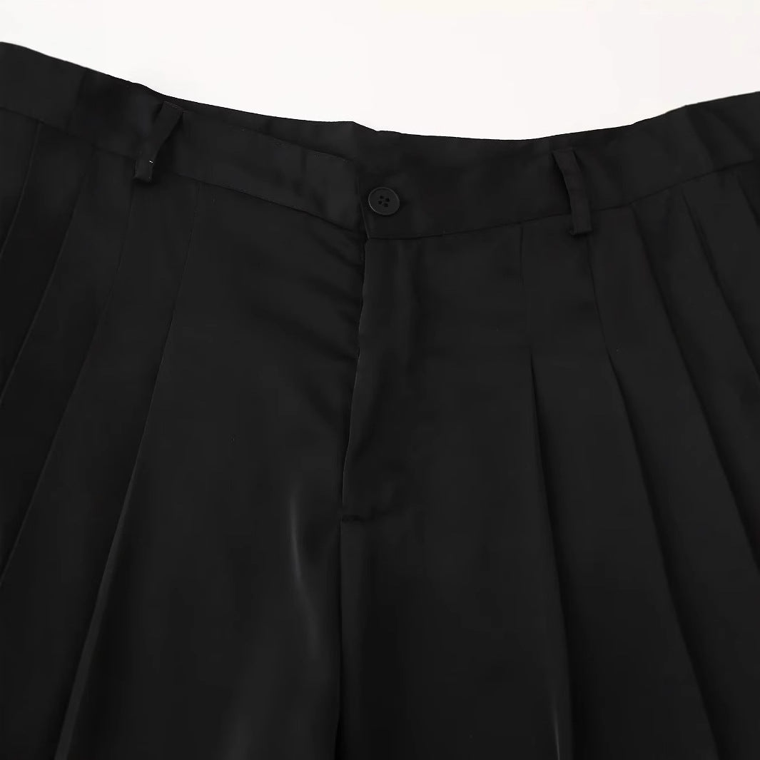 Damen nan weite Highwaist Culotte-Hose mit Bundfalten, Gürtelschlaufen und Knopfverschluss Drune