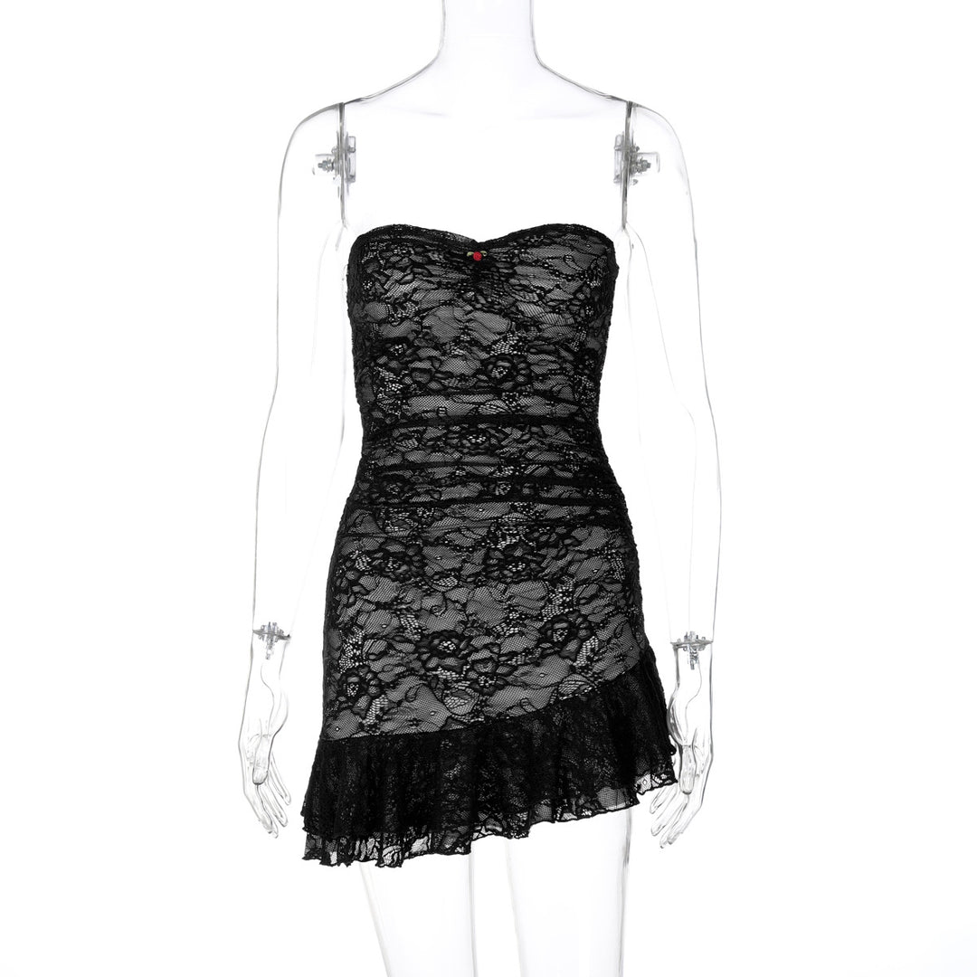 Damen Spitzenkleid mit schulterfreiem Design und eleganter Rüschendetail Drune