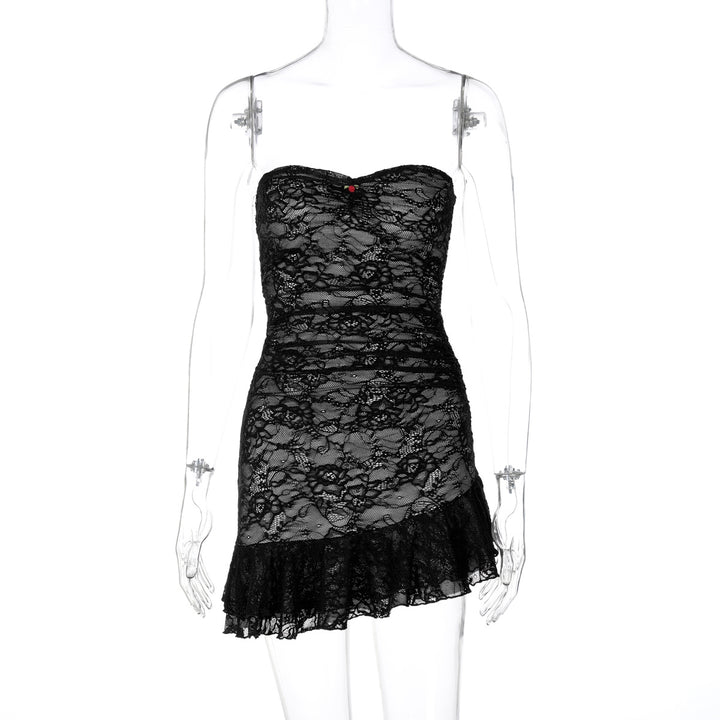 Damen Spitzenkleid mit schulterfreiem Design und eleganter Rüschendetail Drune