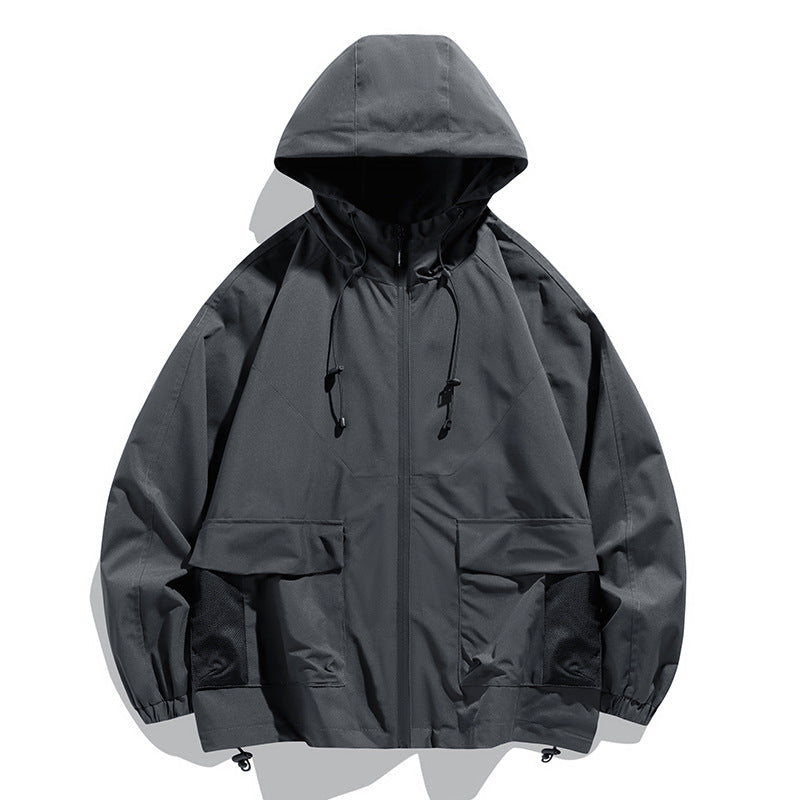 Herren Oversize Kapuzen-Windbreaker mit Multi‑Taschen, Mesh‑Einsätzen und Kordelzug Drune