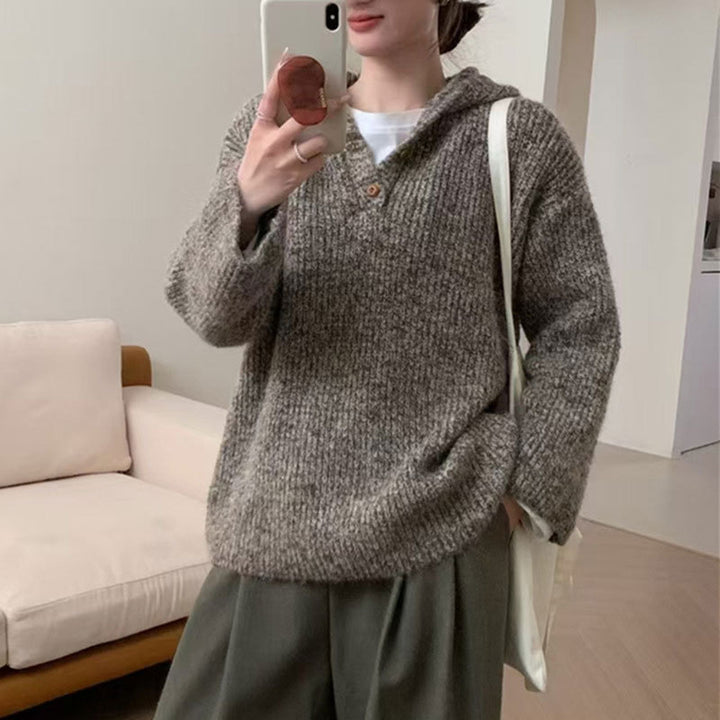 Damen bequemer Strickpullover mit Knopfleiste und Kapuze Drune