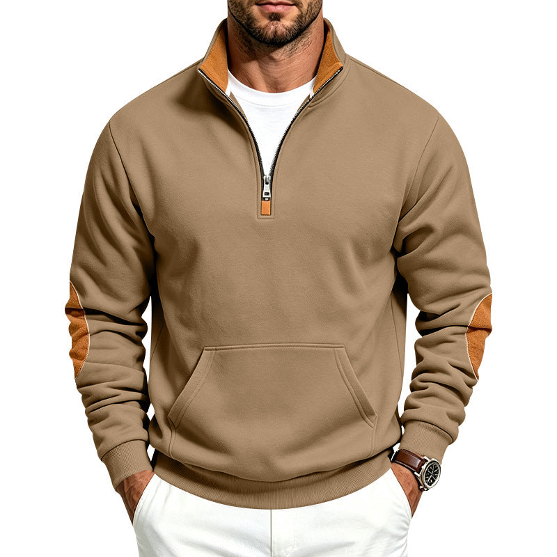Herren Sweatshirt mit halbem Reißverschluss, Stehkragen und Ellenbogen-Patches Drune