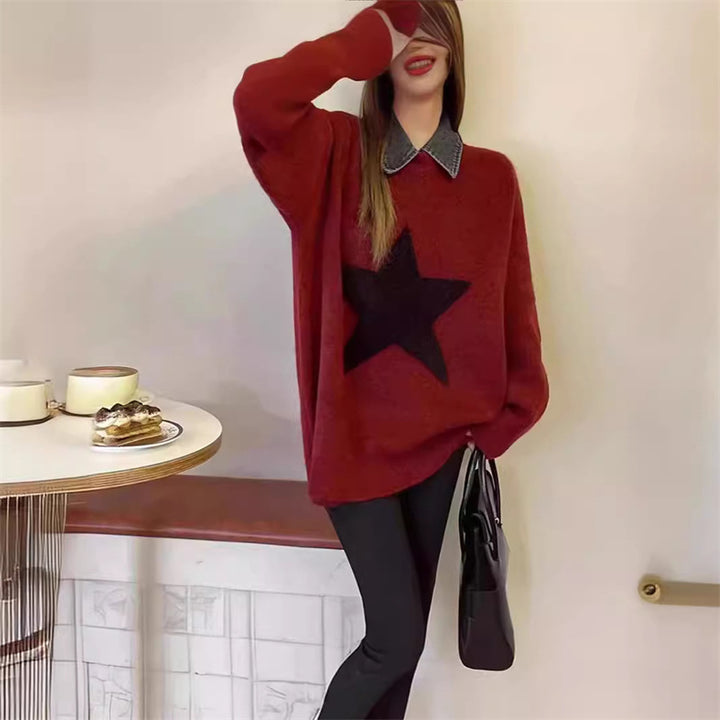 Damen gemütlicher Pullover mit großem Sternmotiv Drune