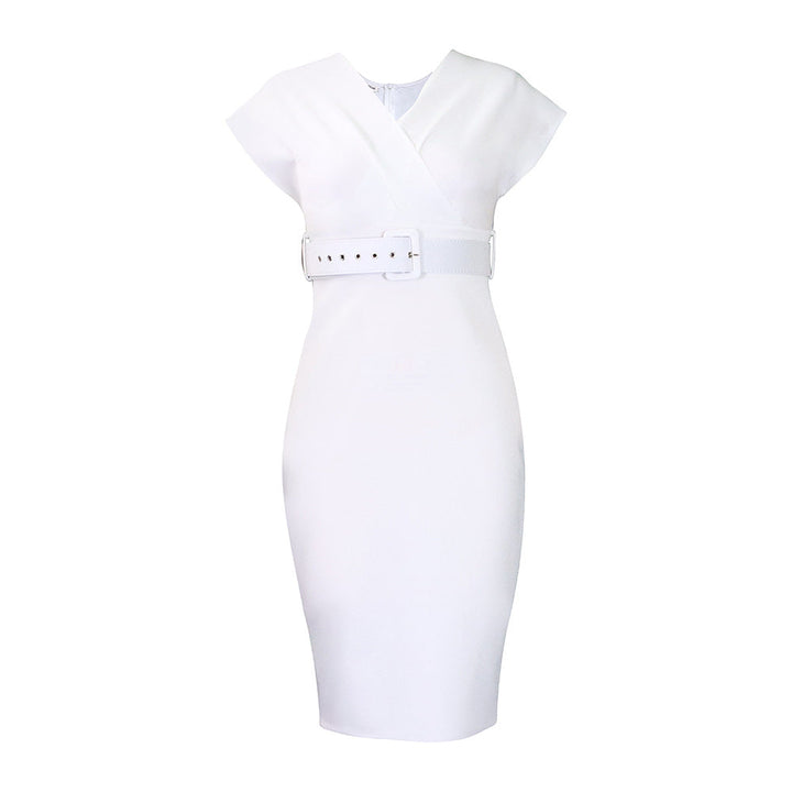 Drune | Damen V-Ausschnitt Figurbetontes Midi Kleid mit Gürtel