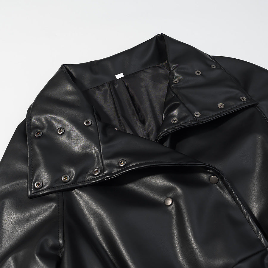 Damen Wasserabweisende Parka‑Jacke aus Kunstleder mit hohem Stehkragen und Tunnelzugtaillierung Drune