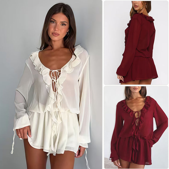 Damen Chiffonbluse mit eleganter Rüschendekoration und tiefem V-Ausschnitt Drune