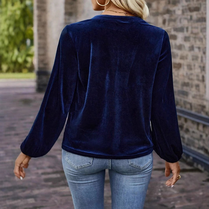 Damen Samtsweatshirt mit Henley-Knopfleiste, geraffter Brustpasse und lockerer Silhouette Drune