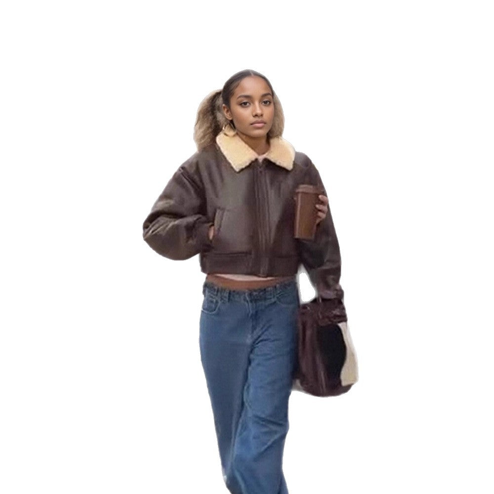 Damen Oversized Fliegerjacke im Biker-Bomber-Stil mit Teddykragen Drune