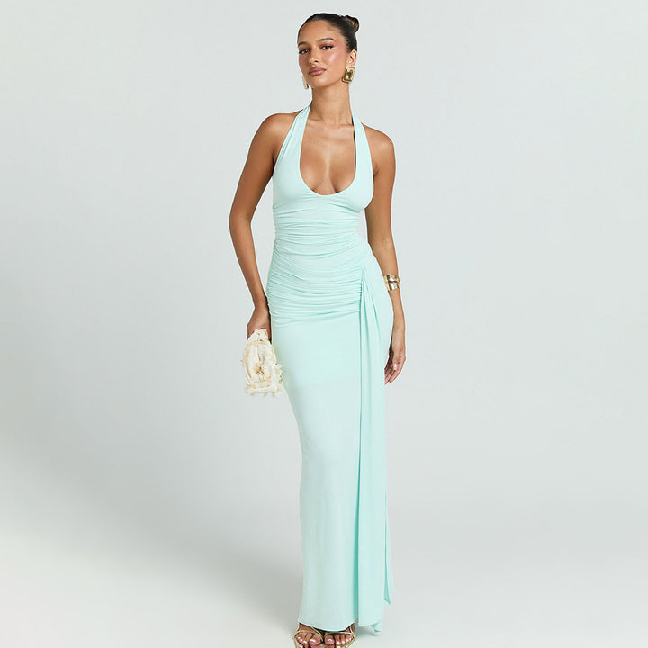 Damen Maxikleid mit tiefem Ausschnitt und Raffungen Drune