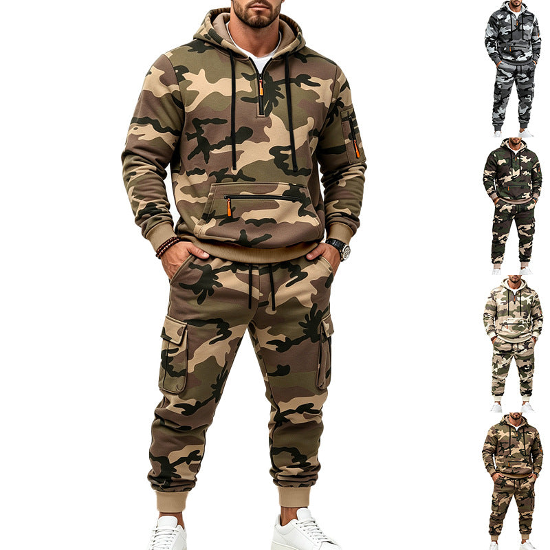 Herren Camouflage Kapuzensweatshirt- und Jogginghose Set mit Cargo-Taschen und Reißverschlüssen Drune