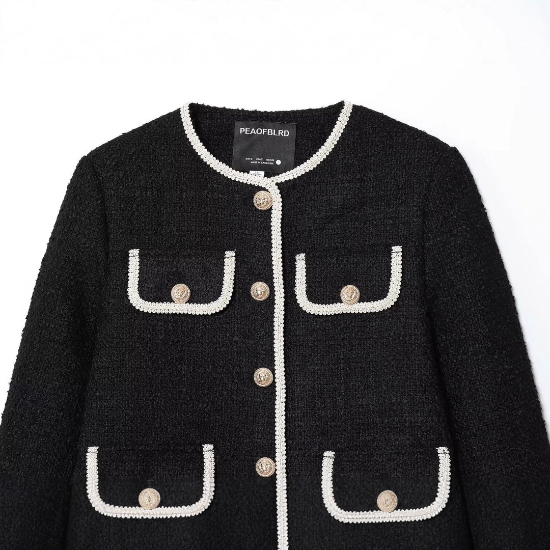 Damen nan klassische Bouclé-Jacke mit kontrastierender Paspelierung und Zierknöpfen Drune